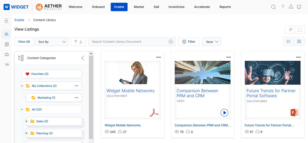 View Listings in Thumb View showing three content cards with thumbnail images and view/download counts
