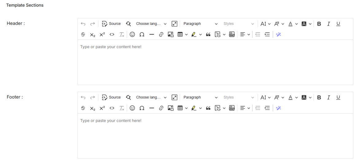 Template Sections — Header and Footer WYSIWYG editors