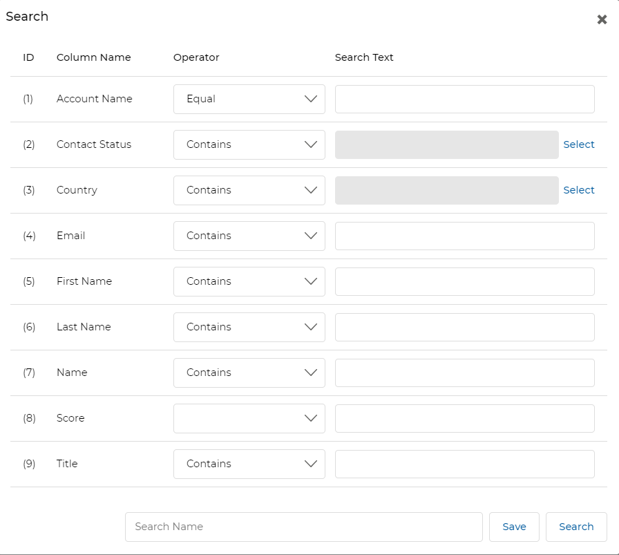 Search popup for Partner Contacts — searchable fields: Account Name, Contact Status, Country, Email, First Name, Last Name, Name, Score, Title