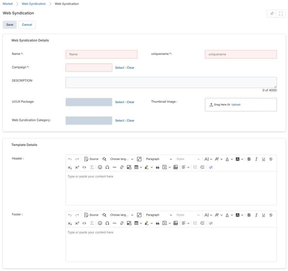 Web Syndication — Add/Edit form showing Name, uniquename, Campaign, UI/UX Package, Thumbnail Image, Web Syndication Category, and Template Details editors