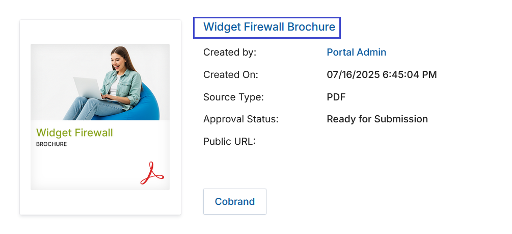 Asset card in list view with Widget Firewall Brochure name link highlighted