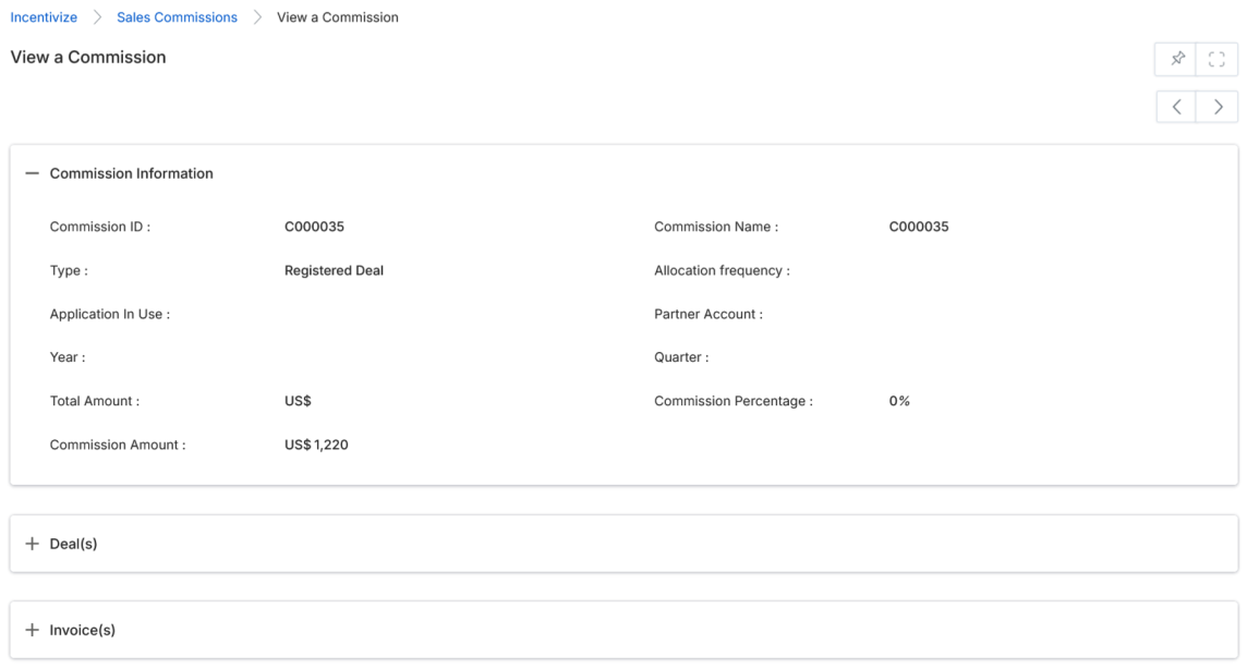 View Sales Commissions listing — click a Commission ID to open details