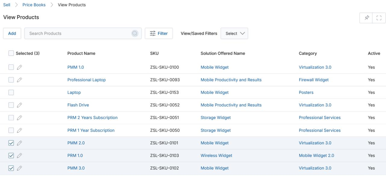 View Products selection page — checkboxes on PMM 2.0, PRM 1.0, PMM 3.0 selected; Add button