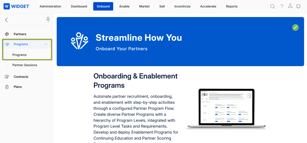 Onboard module — Programs navigation and dashboard landing page