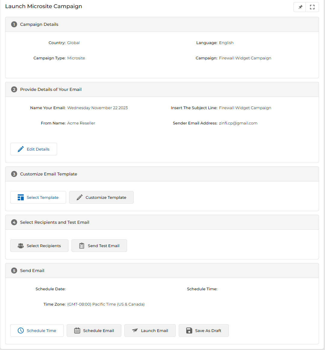 Launch Microsite Campaign page showing five numbered sections: 1 Campaign Details, 2 Provide Details of Your Email, 3 Customize Email Template, 4 Select Recipients and Test Email, 5 Send Email with Schedule and Launch buttons
