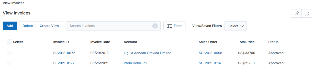 View Invoices list with Add button highlighted