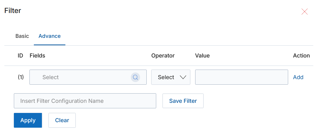 Advanced Search filter — Advance tab showing ID, Fields selector with search icon, Operator dropdown, Value input, and Add action link