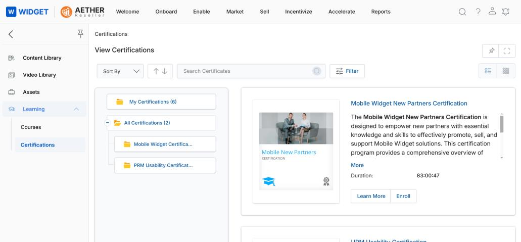 View Certifications page with category tree and certification cards