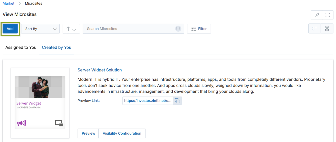 View Microsites — Add button highlighted to begin creating a new microsite