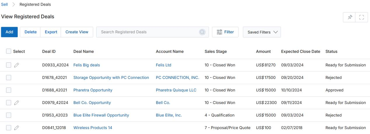 View Registered Deals list showing final statuses: Ready for Submission, Rejected, Approved across multiple deals