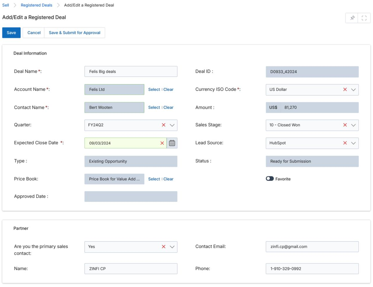 Add/Edit a Registered Deal — completed form example (Felis Big deals, Felis Ltd, US$81,270, Status: Ready for Submission)
