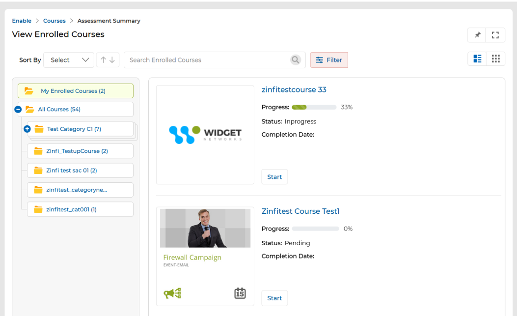 View Enrolled Courses in Card View with horizontal progress bars showing percentage