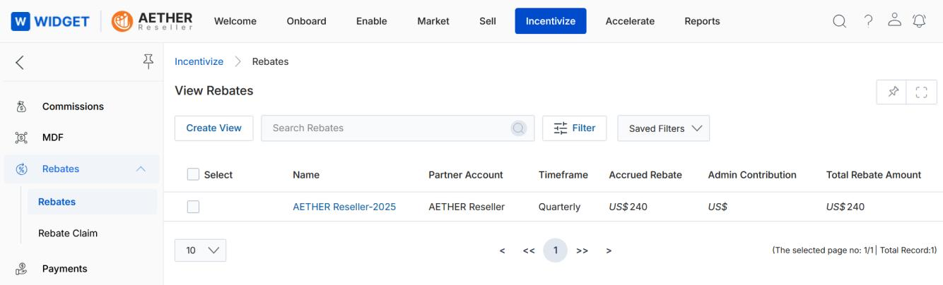 Partner portal View Rebates page (AETHER Reseller) showing rebate record AETHER Reseller-2025 with Quarterly timeframe, Accrued Rebate US$240, Admin Contribution US$, Total Rebate Amount US$240
