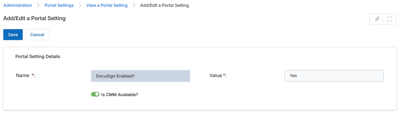 Add/Edit a Portal Setting — DocuSign Enabled? set to Yes