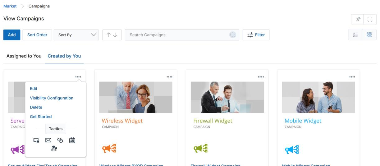 Thumb View showing campaign cards with a dropdown menu open showing Edit, Visibility Configuration, Delete, Get Started options