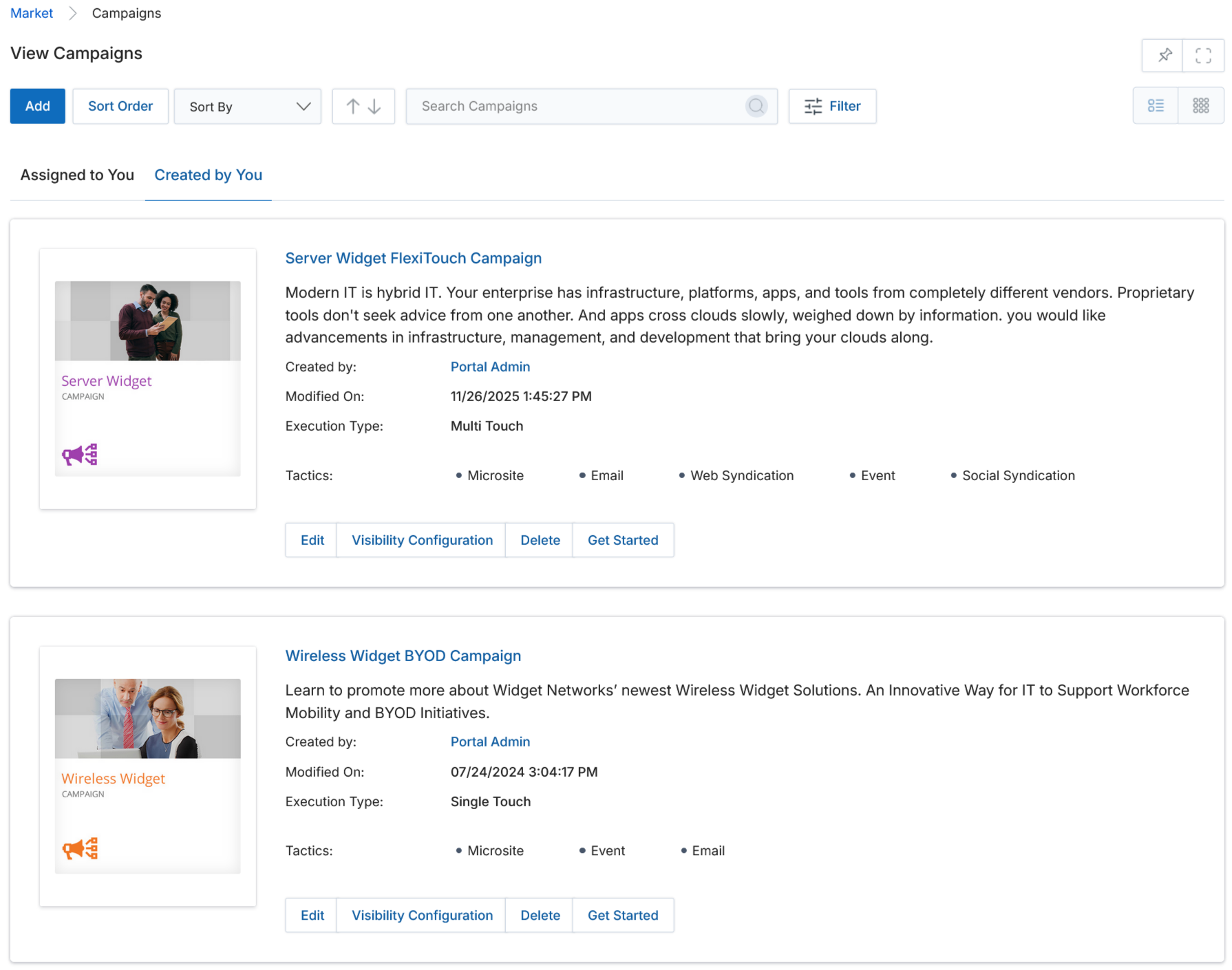 View Campaigns page in List View with Server Widget FlexiTouch Campaign name highlighted