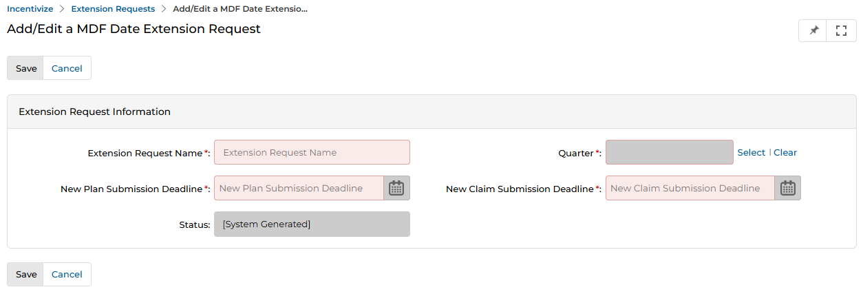 View an Extension Request detail page showing Extension Request Information section with fields: Extension Request Name, New Plan Submission Deadline, New Claim Submission Deadline, Status, Fiscal Quarter