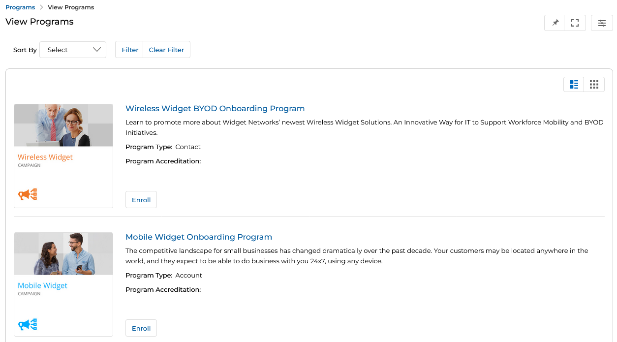 List View — two programs with image, title, description, Program Type, and Enroll button each