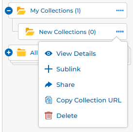 Sub-category dots menu showing View Details, Sublink, Share, Copy Collection URL, and Delete option at bottom