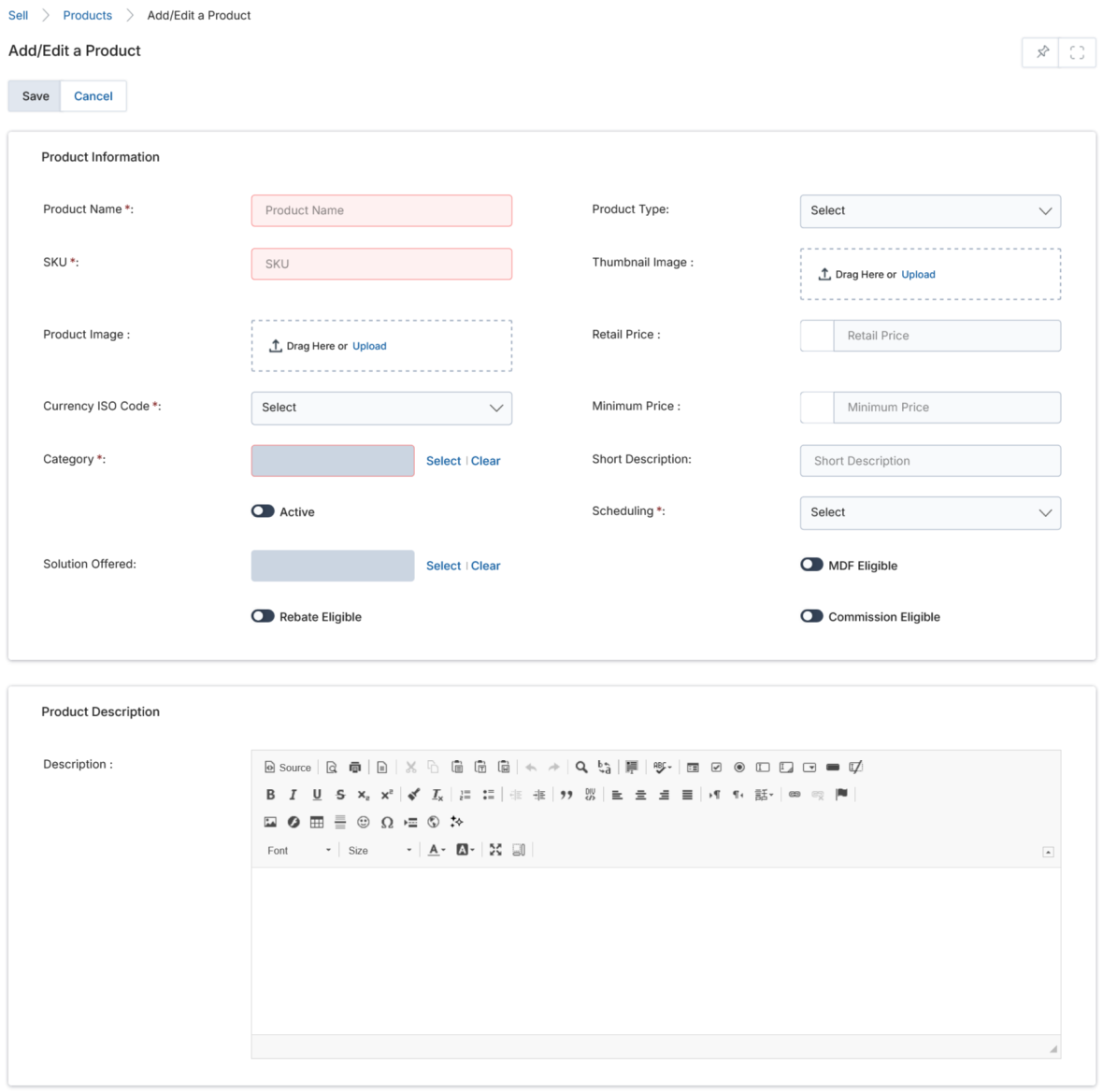Add/Edit a Product — full form with Product Information fields and Product Description rich-text editor