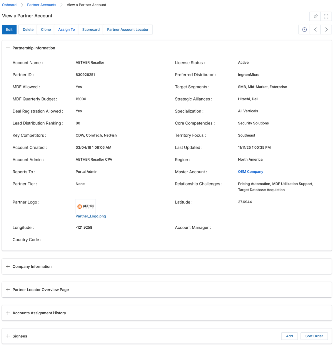 View a Partner Account — Partnership Information section with Signees related list at the bottom