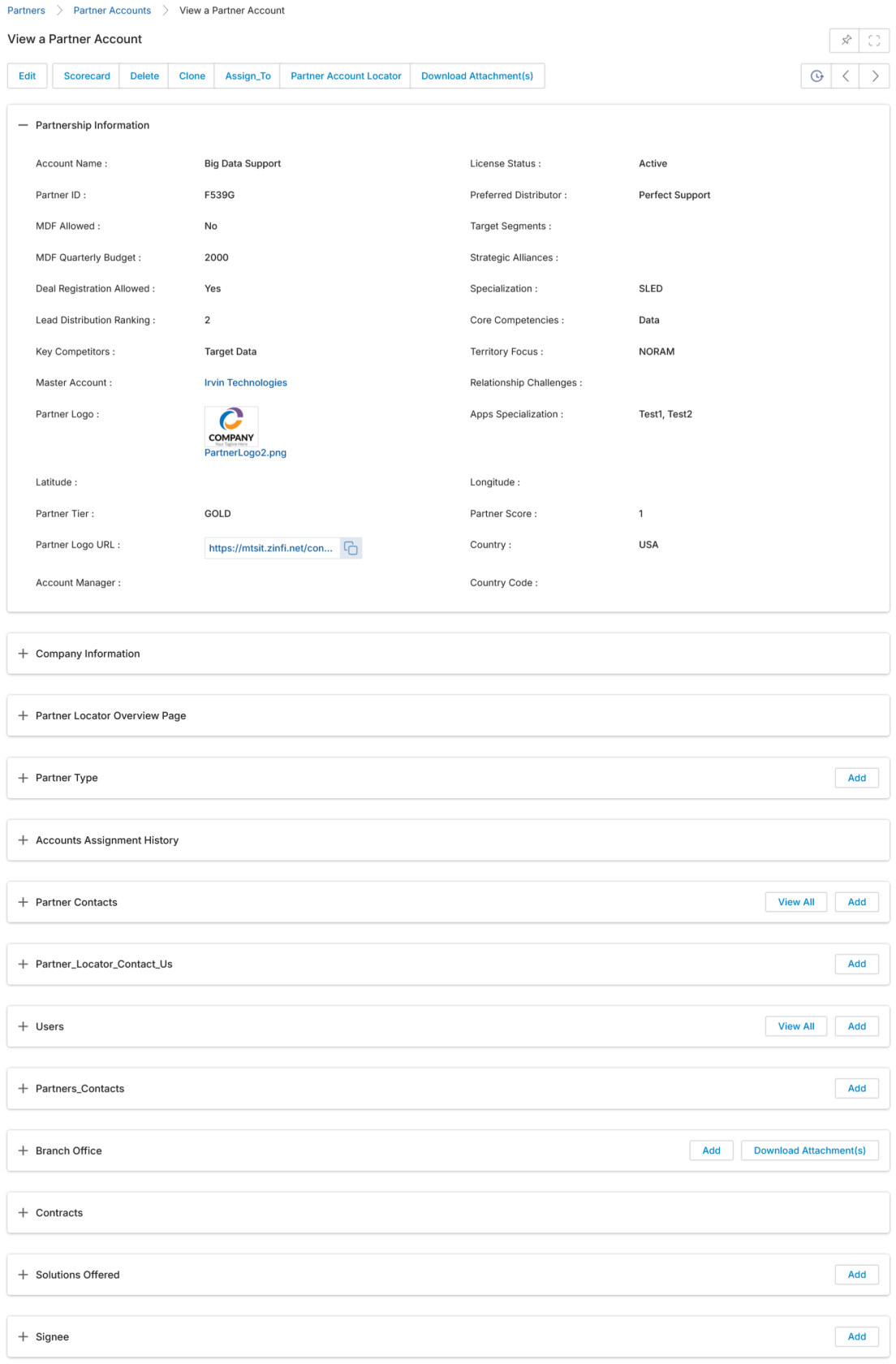 View a Partner Account detail page showing Partnership Information with Account Name, Partner ID, MDF settings, Territory Focus, Partner Logo, Partner Tier, and related sections