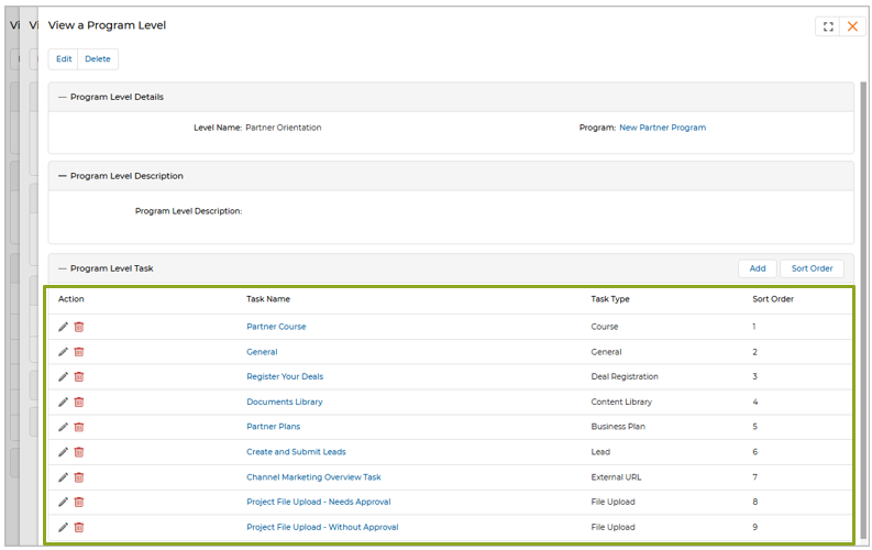 View a Program Level — full task list showing all task types with Sort Order