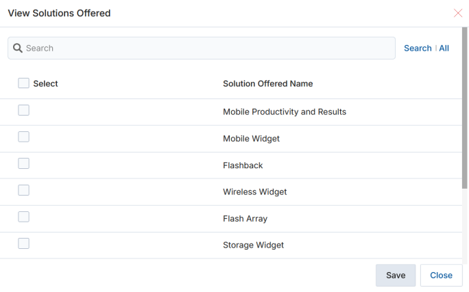 View Solutions Offered popup — checkbox selection with Search and Save controls