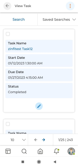 View Task detail showing Task Name, Status, Start Date, Due Date, Associated Record, Priority, Assigned User, Additional Information
