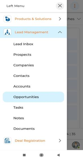 Opportunities sub-menu and View Opportunities list showing Opportunity Name, Account Name, Sales Stage, Amount, Expected Close Date, Quarter