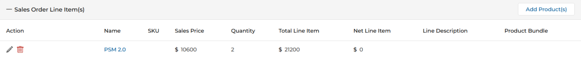 Sales Order Line Items table showing Action, Name, SKU, Sales Price, Quantity, Total Line Item, Net Line Item, Line Description, and Product Bundle