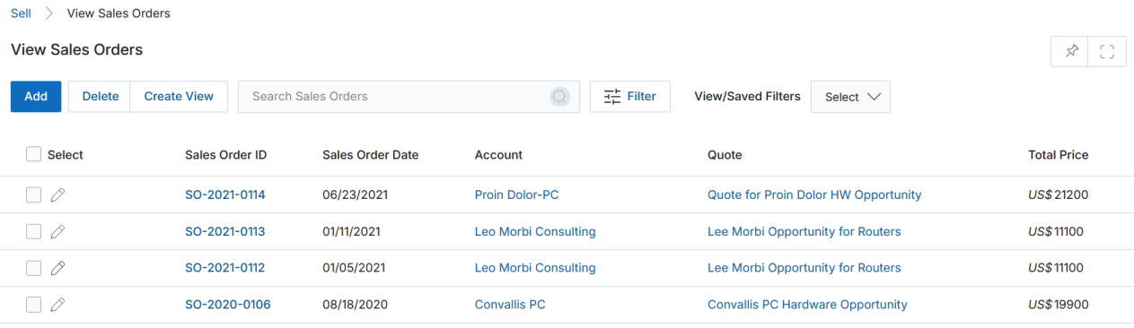 View Sales Orders list with Sales Order ID links