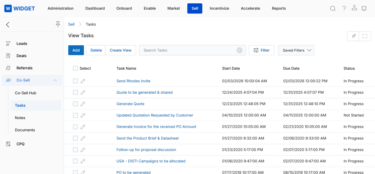View Tasks — listing with Task Name, Start Date, Due Date, Status columns; multiple tasks shown including Send Rhodes Invite, Quote to be generated & shared, Generate Quote, Updated Quotation Requested by Customer, and others with In Progress / Not Started statuses