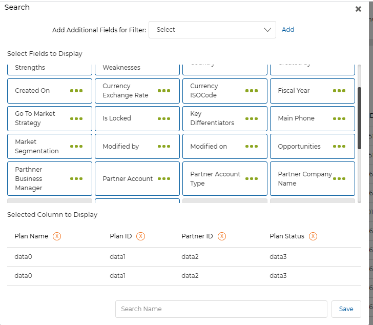 Create New View for Partner Plans — extensive field selection including SWOT, pipeline, and company profile fields