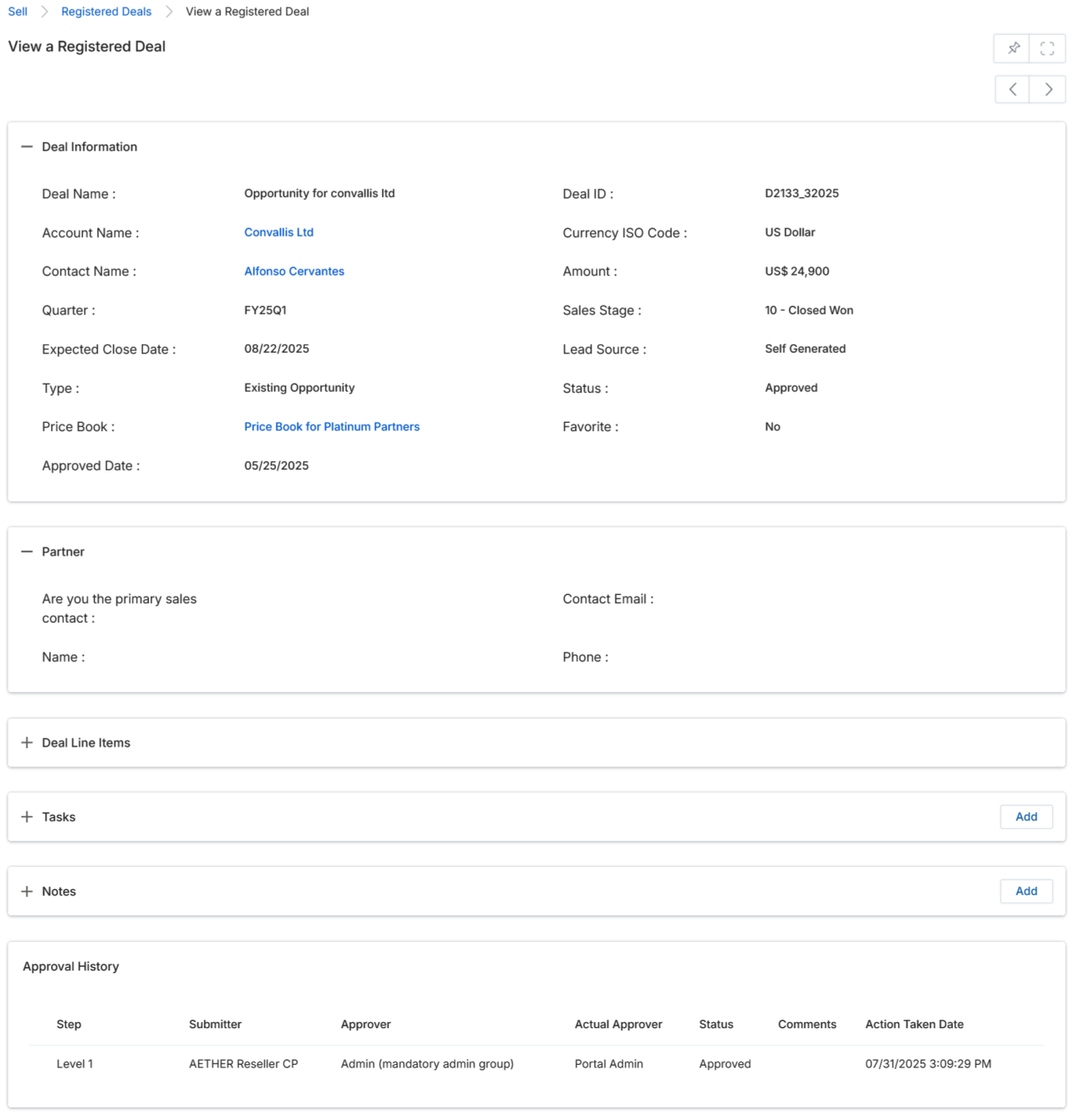 View a Registered Deal showing Status: Approved, Approved Date populated, and Approval History with Portal Admin as Actual Approver