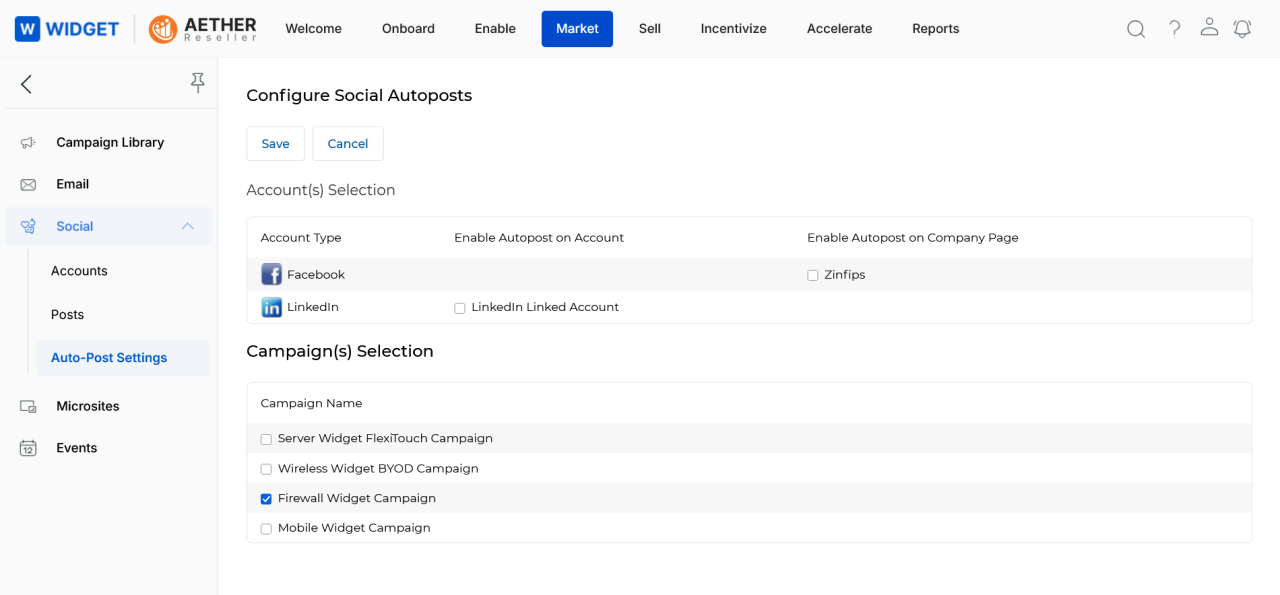 Configure Social Autoposts — LinkedIn Linked Account and Firewall Widget Campaign selected