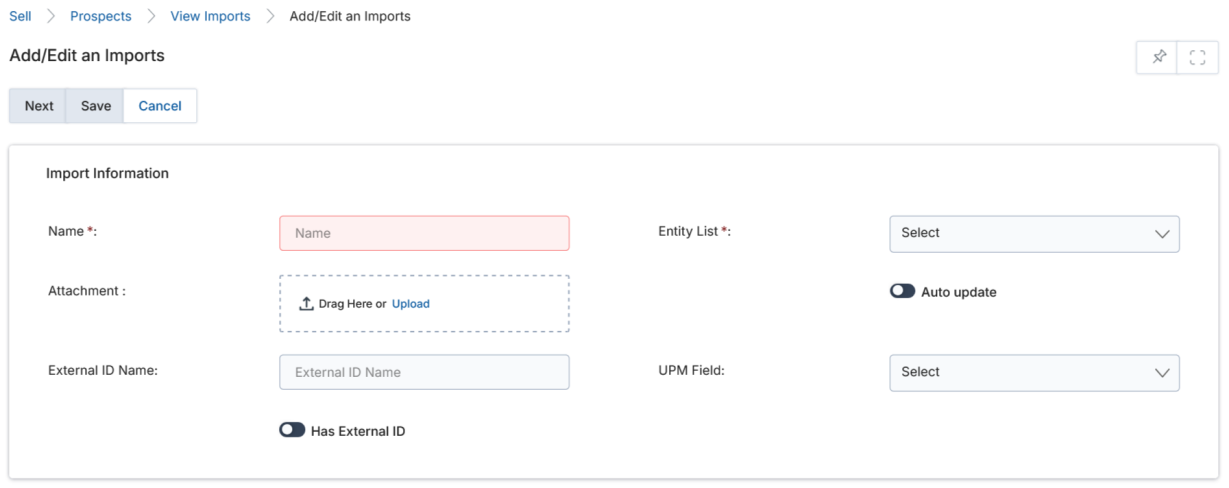 Add/Edit an Import — import configuration form