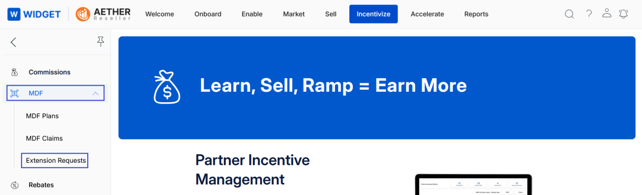 Incentivize menu with Extension Requests selected under MDF in the left nav