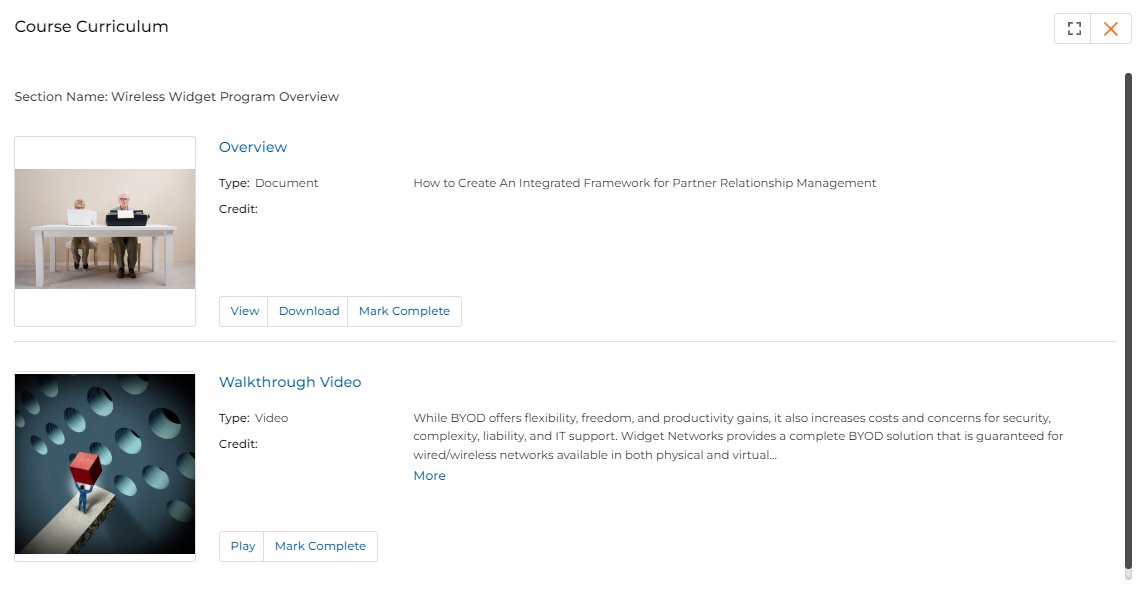Course Curriculum panel showing section materials with View, Download, and Mark Complete buttons