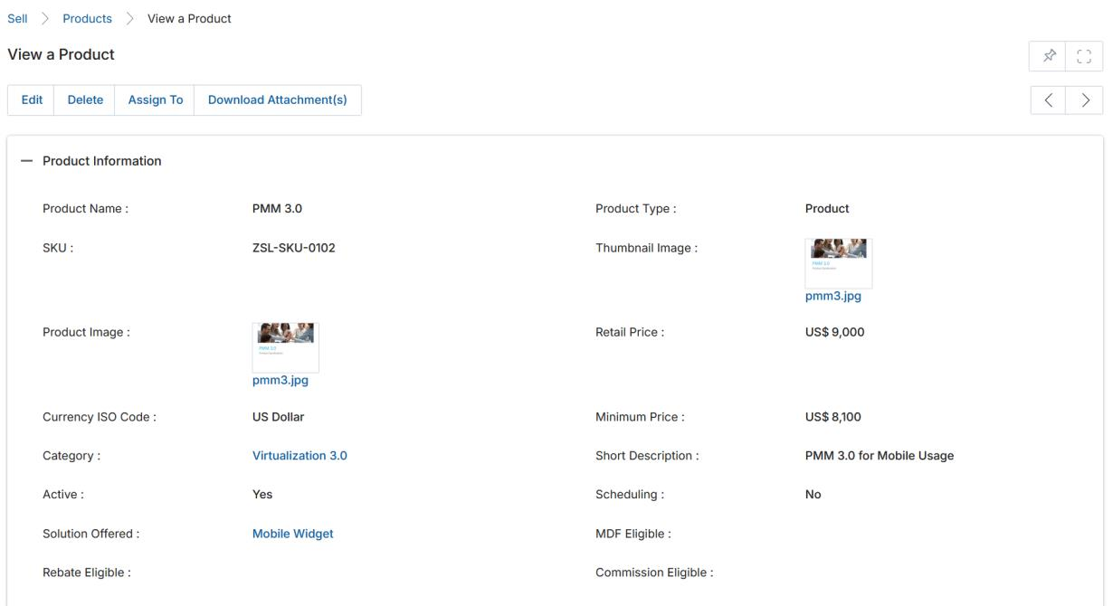 View a Product after bulk import — PMM 3.0 detail showing Product Category (Virtualization 3.0) and associated thumbnail image