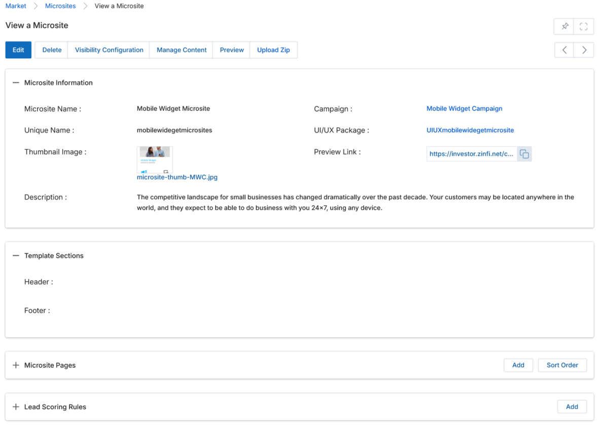 Add/Edit a Microsite — complete form with Microsite Information fields and Template Sections Header/Footer editors