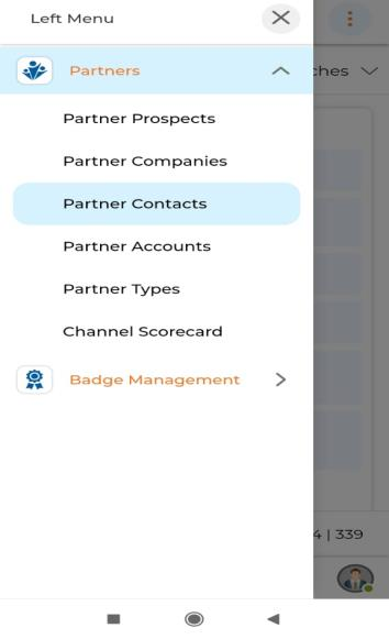 Partner Contacts sub-menu and View Partner Contacts list showing Account Name, Name, Title, Direct Phone, Email, Assigned User ID