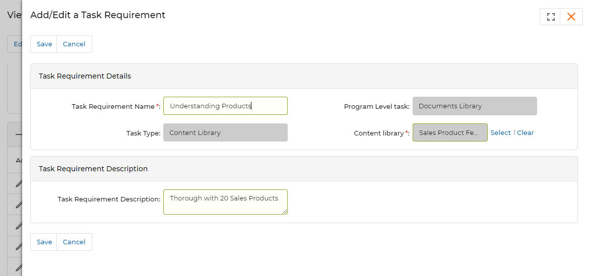 Business Plan — View a Program Level Task page
