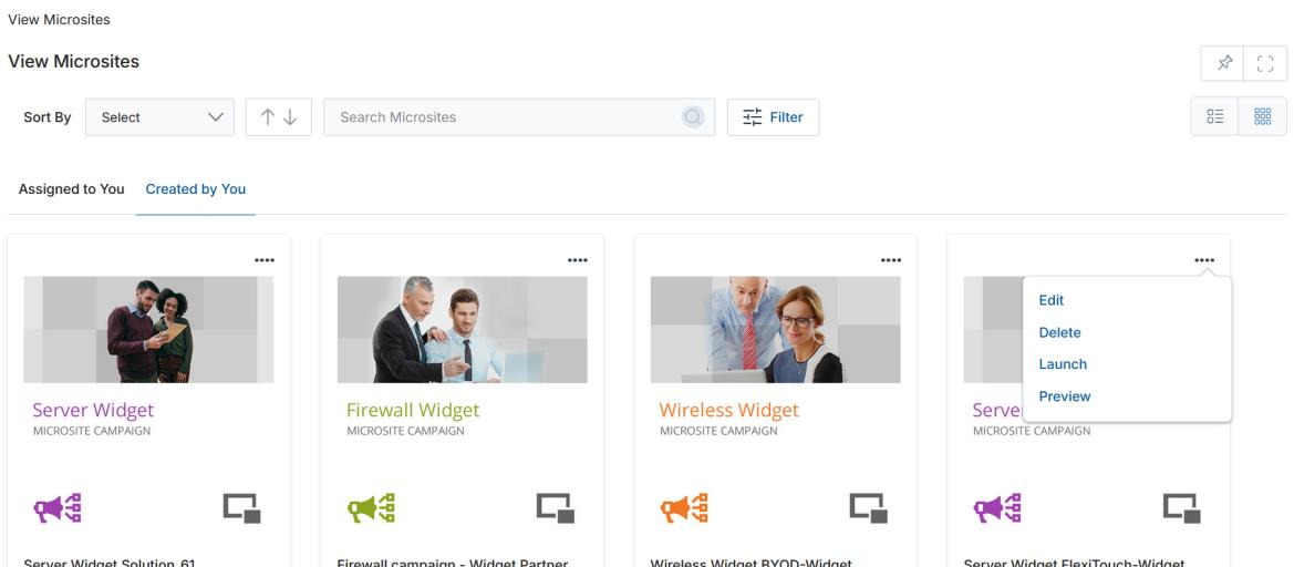 View Microsites page in Thumb View showing microsite cards with a dropdown menu open displaying Edit, Delete, Launch, Preview options