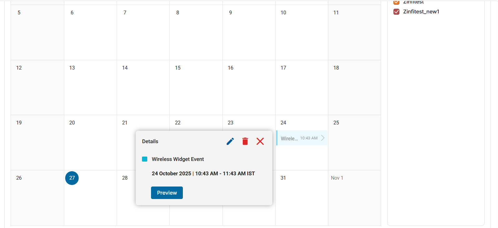 Event Types filter panel showing Wireless Widget Campaign, Workshop, Conference, and Webinar checkboxes