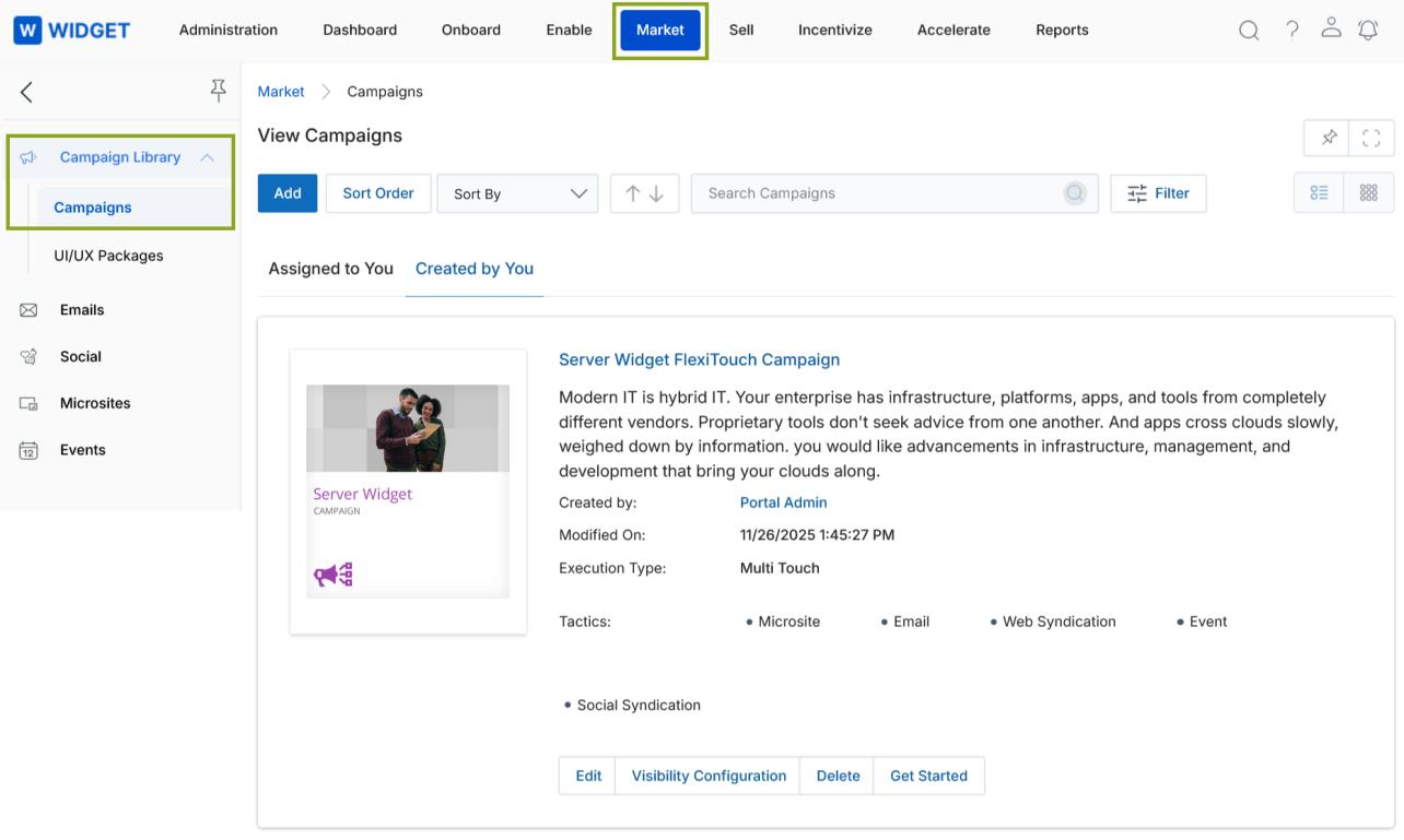 View a Campaign page showing Edit, Visibility Configuration, Get Started, Delete and Manage Multi-Touch buttons, with Campaign Information expanded and Quarters, Social Syndication, Microsites, Events and Emails sections visible