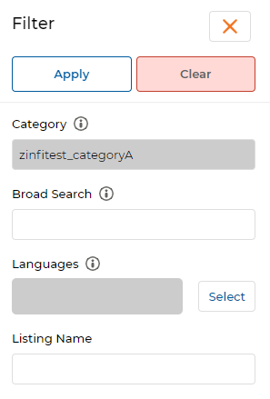 Filter pane with Category field showing zinfitest_categoryA and Listing Name field below