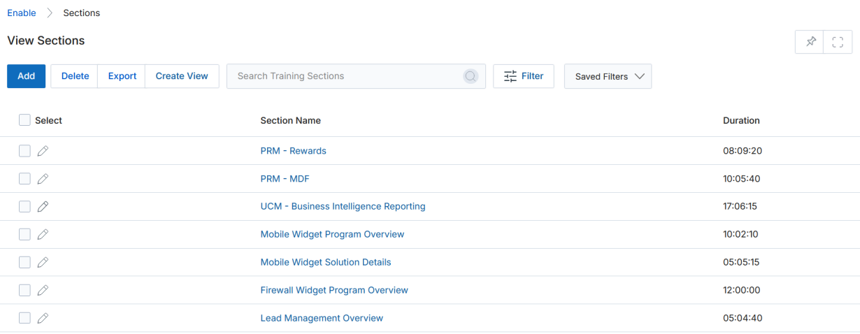 View Sections listing page showing Section Name and Duration columns with multiple training sections