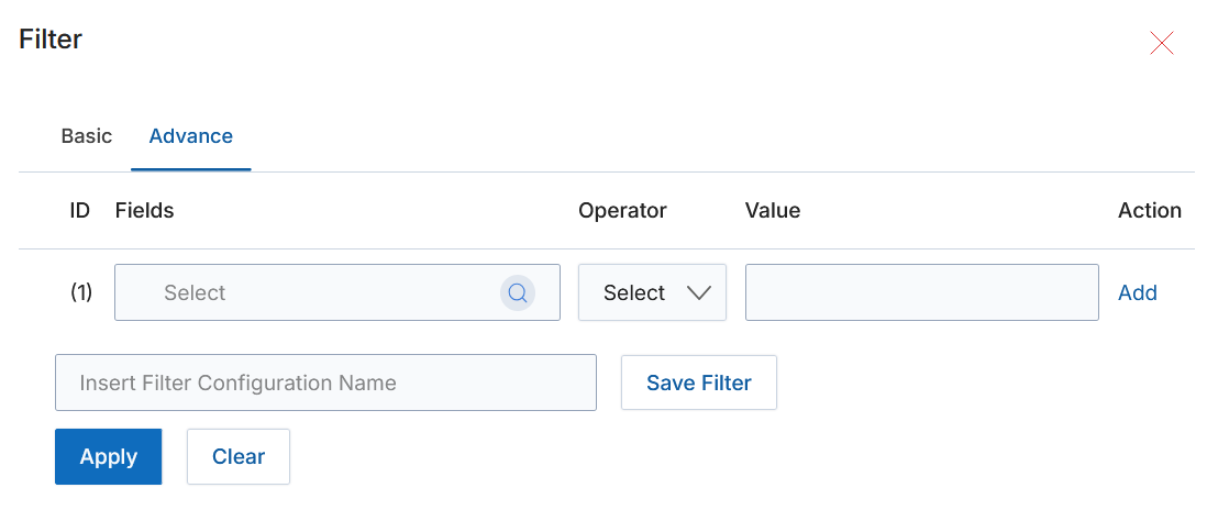 Advanced Filter — multi-field filter with field picker, operator, value, and Add row controls