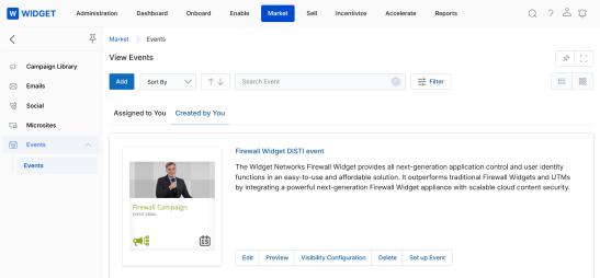 Template Management — View Events screen with sample event card